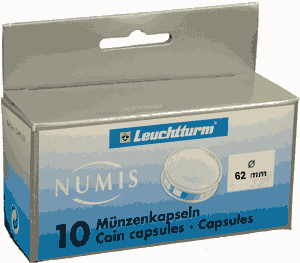 62mm clear coin capsules, pack of ten