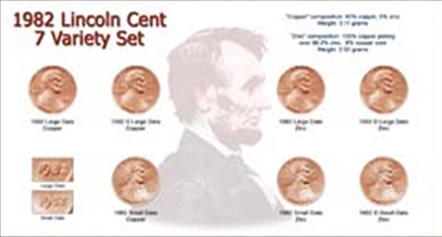 1982 Lincoln Copper/Zinc cents, 7 coin display card
