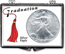 Graduate gift snaplock coin display case for American Silver Eagle.