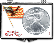 American Silver Eagle snaplock display case with flag on pole and flying eagle motif.