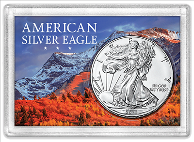 American Silver Eagle frosty case for single coin, snow-capped mountain background.