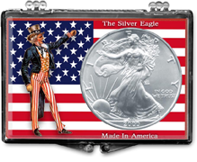 Ucle Sam and flag snaplock display case for American Silver Eagle.
