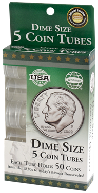 Dime-size round coin storage tubes, 5-pack.