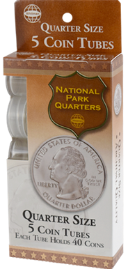 Quarter-size coin storage tubes, 5-pack.