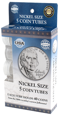 Nickel-size round coin storage tubes, 5-pack.