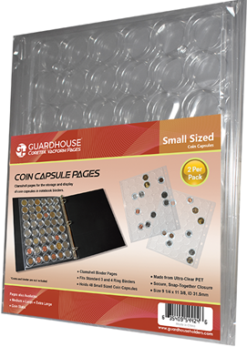 Coin capsule binder pages for small coins, 48 capsule pockets