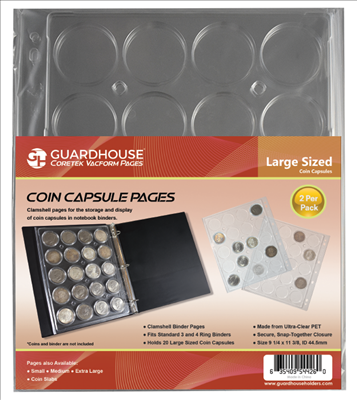 Coin Capsule binder page for large coins, 20 pockets, pkg of 2.