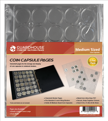 Coin capsule binder pages, 30 medium-sized capsule pockets.