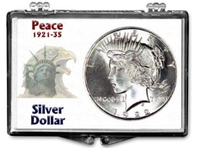 Snaplock display case for one 1921-35 Peace silver dollar coin.