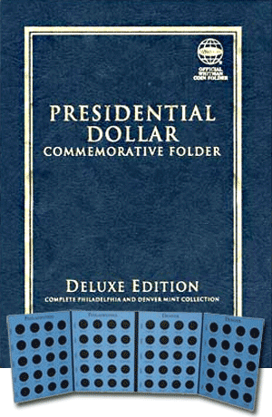 Whitman 4-panel Presidential Dollar Coin collector folder in classic blue.